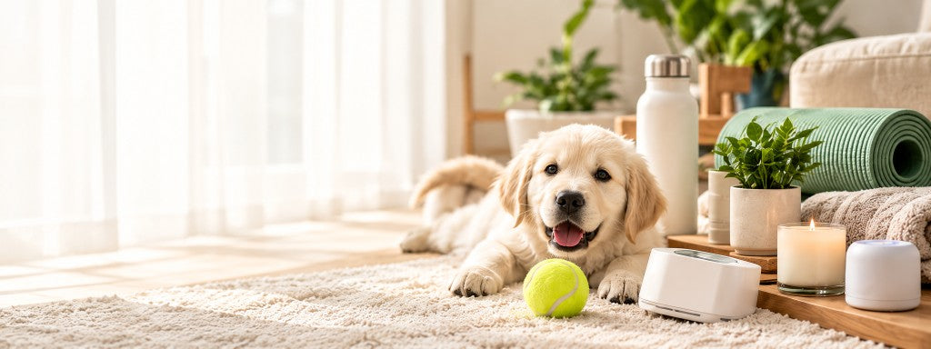 A golden puppy lying on a rug beside a tennis ball, water bottle, candle, and plant